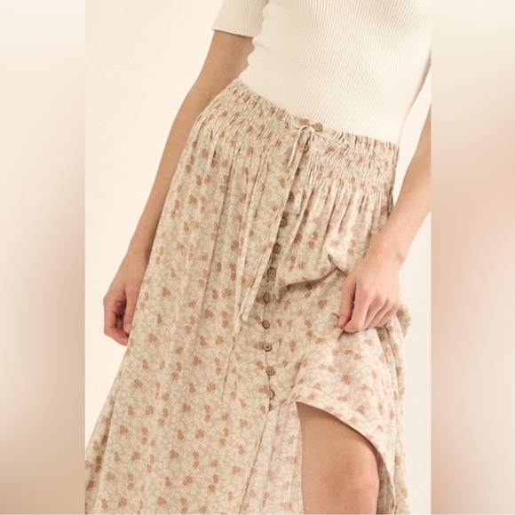 Promesa Sand Floral Smocked Waist Button High Low Maxi Skirt - Picture 5 of 12